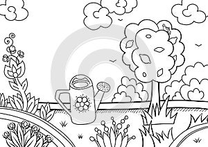 Watering in the meadow with flowers