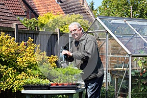 Watering plants.