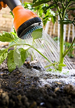 Watering seedling tomato in vegetable garden