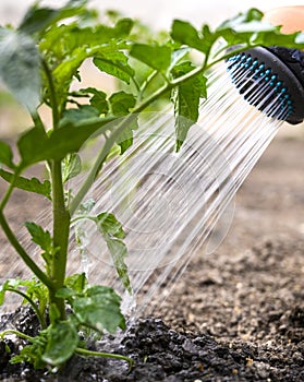 Watering seedling tomato in vegetable garden