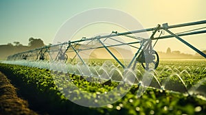 Watering system in the field. An irrigation pivot watering a field