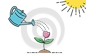 Watering a watering can flower. Concept of plant growth under the sun.