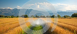 Watering of wheat, rye or corn green seedlings in a vast field. Modern automated agriculture system with irrigation