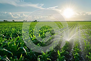 Watering of wheat, rye or corn green seedlings in a vast field. Modern automated agriculture system with irrigation