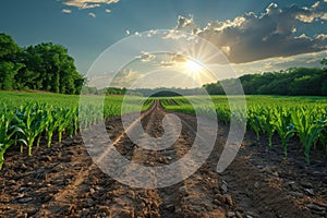 Watering of wheat, rye or corn green seedlings in a vast field. Modern automated agriculture system with irrigation