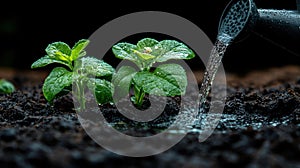Watering Young Green Seedlings in Dark Soil