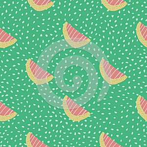 Waterlemon slices seamless doodle pattern. Fruit shapes in pink color on light turquoise background with dots