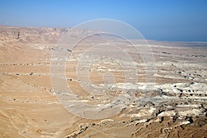 Waterless landscape of the Judea desert, view from Masada towards the Dead Sea, Israel