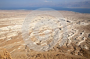 Waterless landscape of the Judea desert, view from Masada towards the Dead Sea, Israel