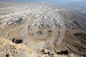 Waterless landscape of the Judean desert, view from Masada towards the Dead Sea, Israel