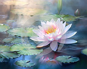 Waterlilly with lotus flower in a calm pond.