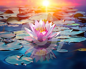 Waterlilly with lotus flower in a calm pond.
