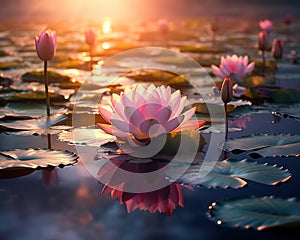 Waterlilly with lotus flower in a calm pond.