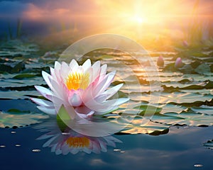 Waterlilly with lotus flower in a calm pond.