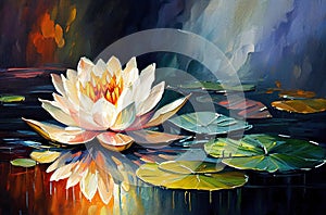 Waterlily Flower on Green Leaves Acrylic Painting