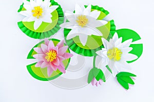 Waterlily flower made of paper. white background. Origami hobby. Gentle petal