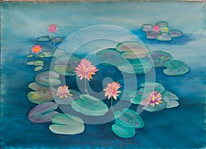 Waterlily and Lily Pads in a Pond - Original Watercolor Painting