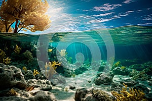 waterline showing underwater sea world background with coral reef and sunlight