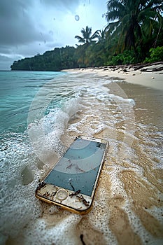 A waterlogged smartphone rests on a sandy beach, waves gently lapping around it photo