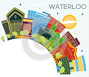 Waterloo Iowa Skyline with Color Buildings, Blue Sky and Copy Space