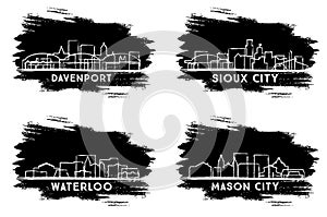 Waterloo, Sioux City, Mason City and Davenport Iowa City Skyline Silhouette Set