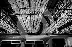 Waterloo train B&W