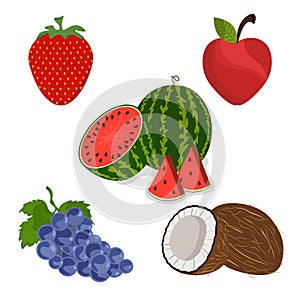 Watermello grap Coconut Strawberry apple icon set fruits vector illustration design isolated