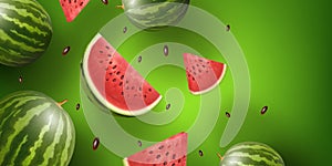 Watermelon background. Melon slice and whole, fruit pattern for juice and ice-cream, water melon fruity summer yummy