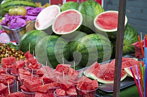 Watermelon being sold in a strret market in the city of Xian