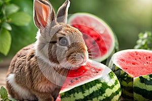 Watermelon Bliss with a Charming Bunny: An Irresistible Scene of Cuteness