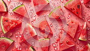 Watermelon blissbackground. Luscious pink slices drizzled with melted ice cubes . A burst of summer flavor for any occasion. photo