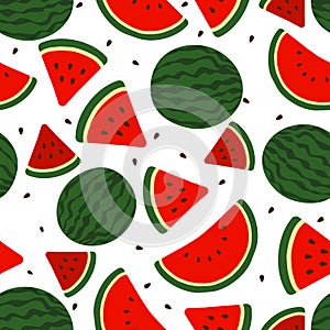 Watermelon bright red, full watermelon, triangle slices and seeds flat vector illustration over white seamless pattern