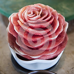 Watermelon carved as rose. Crafsmanship by the chef.