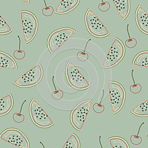Watermelon and cherry line art vector illustration for summer vacation. photo