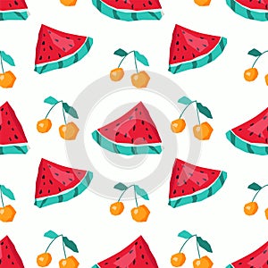 Watermelon and cherry seamless pattern background