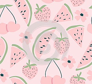 Watermelon, cherry and strawberry pink seamless pattern. Fruit and flower vector background.