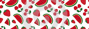 Watermelon, cherry and strawberry seamless pattern. Red berry. Sweet fruits. Fashion design. Food print for dress, textile,