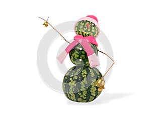 Watermelon christmas snowman with two golden bells in pink hat and scarf isolated. Holiday concept for New Years