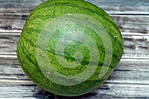 Watermelon (Citrullus lanatus) isolated on a wooden background, succulent fruit and vinelike plant of the gourd family