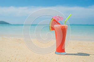 Watermelon cocktail on blue tropical summer beach in Phuket, Thailand. Summer, Vacation, Travel and Holiday concept