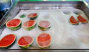 Watermelon cooling on ice st the Farmers Market.