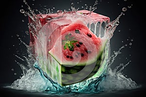 Watermelon cube splash under ice cube