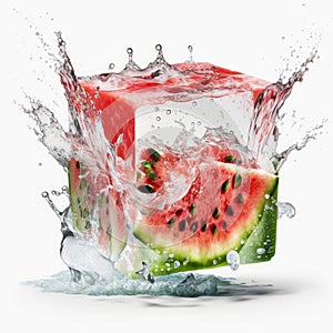 Watermelon cube splash under ice cube