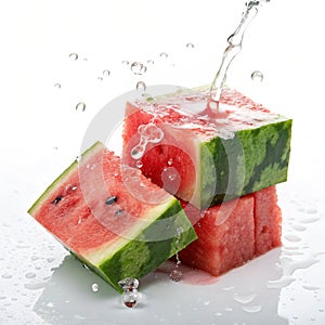 Watermelon cubes with water dripping off isolated on white background photo