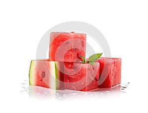 Watermelon Cuts Set Isolated, Water Melon Slices, Red Cubes Collection, Square Fruit Pieces