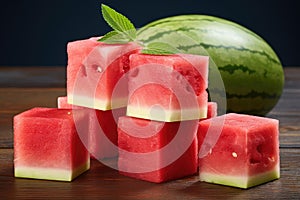 Watermelon Cuts Set, Water Melon Slices, Red Cubes Collection, Square Fruit Parts, Seedless Watermelon