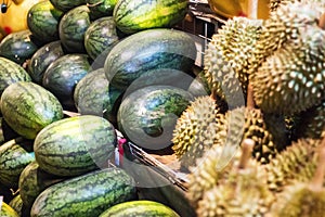 Watermelon and durian in a fruit shop