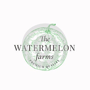 Watermelon Farms Abstract Vector Sign, Symbol or Logo Template. Hand Drawn Sketch Water Melon with Retro Typography