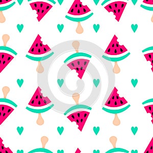 Watermelon flat pattern. Summer background with watermelon ice-cream and hearts. Cute vector sweet background