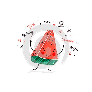 Watermelon fruit cute cartoon doodle sketch illustration summer card